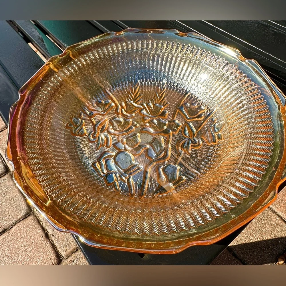 Carnival Glass Iris and Herringbone Soup Bowl Marigold 8”